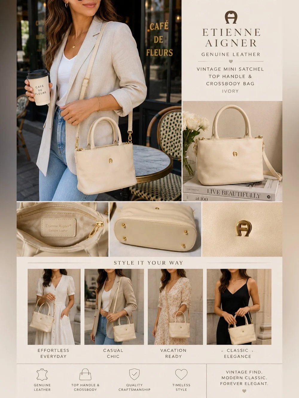 Vintage Etienne Aigner Ivory Genuine Leather Mini Satchel crossbody purse